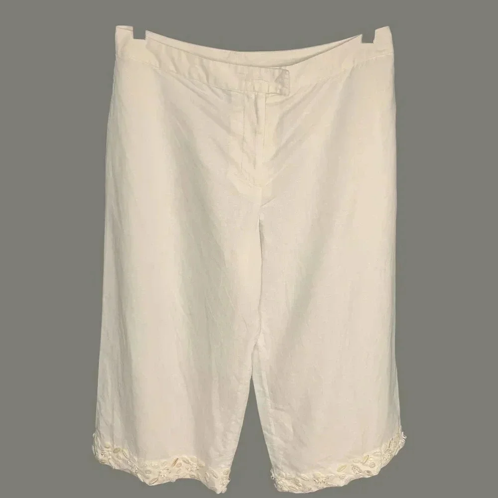 Spenser Jeremy Linen Blend Cropped Pants Women Size 12 White Shell Embellished